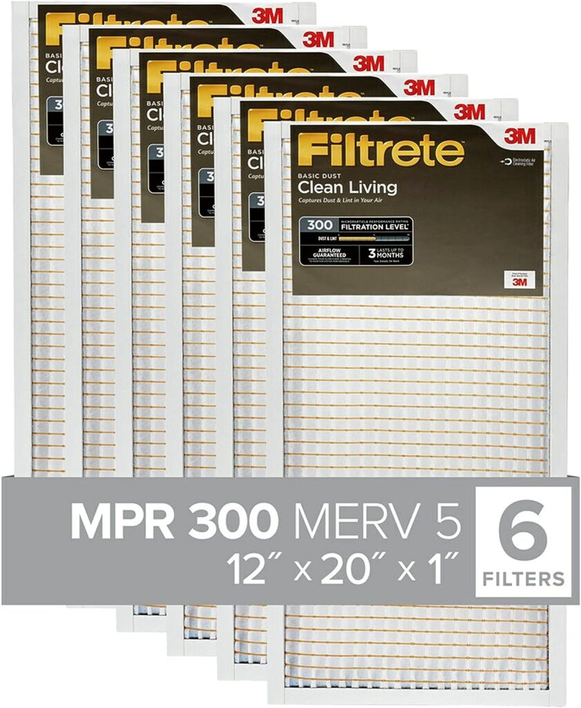 Filtrete 12x20x1 Air Filter, MPR 300, MERV 5, Clean Living Basic Dust 3-Month Pleated 1-Inch Air Filters, 6 Filters