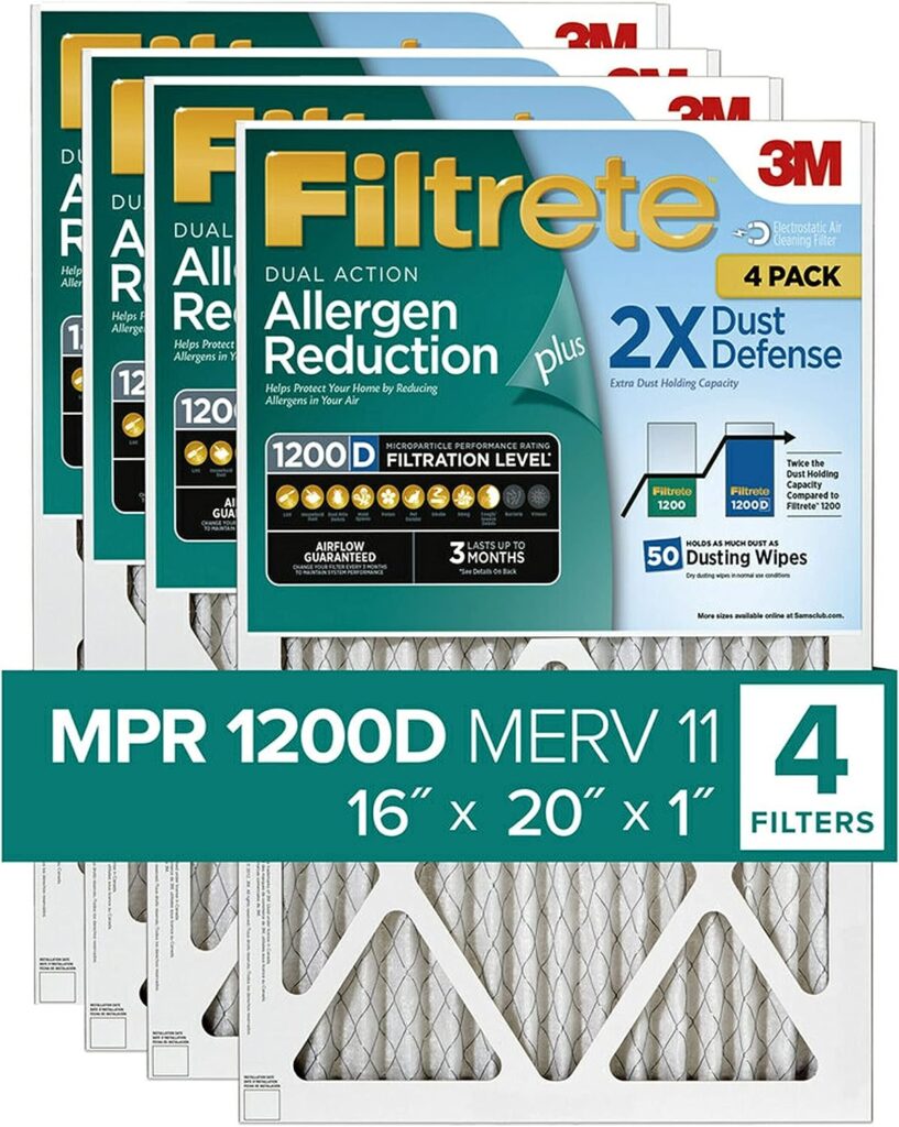 Filtrete 16x20x1 Air Filter MPR 1200D MERV 11, Allergen Reduction Plus Dust, 4-Pack Filters (exact dimensions 15.69x19.69x0.81)