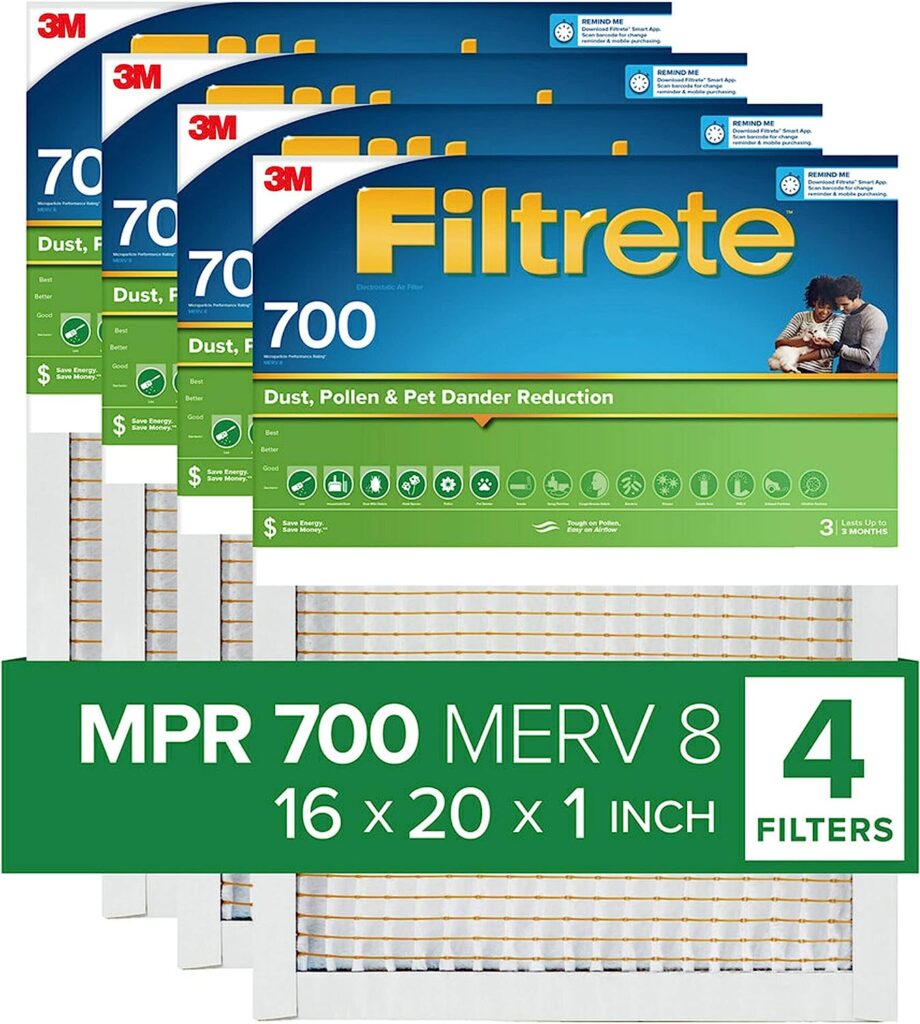Filtrete 16x20x1 Air Filter, MPR 700, MERV 8, Clean Living Dust, Pollen and Pet Dander Reduction 3-Month Pleated 1-Inch Air Filters, 4 Filters