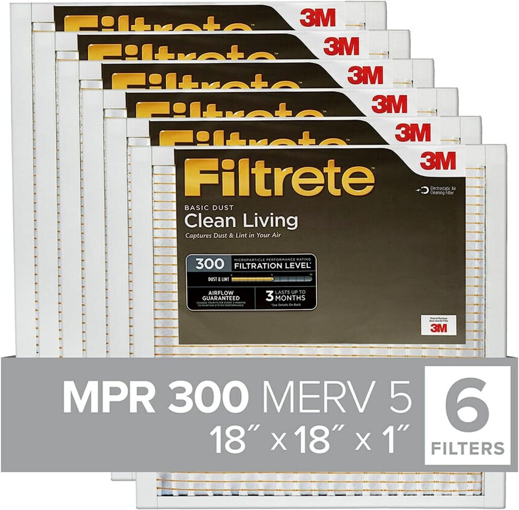Filtrete 18x18x1 Air Filter, MPR 300, MERV 5, Clean Living Basic Dust 3-Month Pleated 1-Inch Air Filters, 6 Filters, White