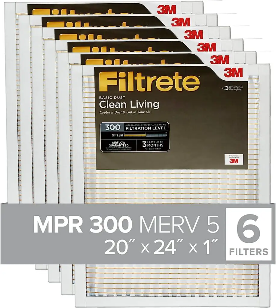 Filtrete 20x24x1 Air Filter, MPR 300, MERV 5, Clean Living Basic Dust 3-Month Pleated 1-Inch Air Filters, 6 Filters