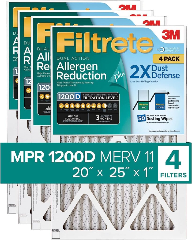 Filtrete 20x25x1 Air Filter MPR 1200D MERV 11, Allergen Reduction Plus Dust, 4-Pack Filters (exact dimensions 19.81x24.81x0.81)