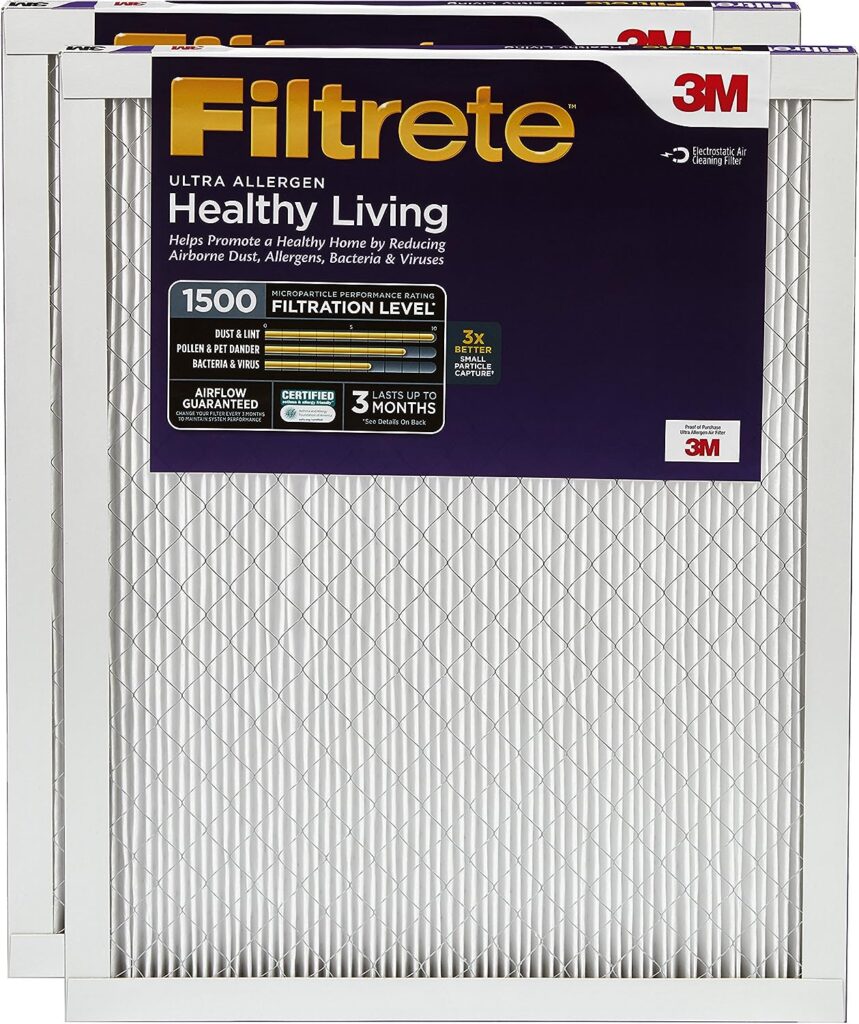 Filtrete 20x25x1 Air Filter, MPR 1500, MERV 12, Healthy Living Ultra-Allergen 3-Month Pleated 1-Inch Air Filters, 2 Filters