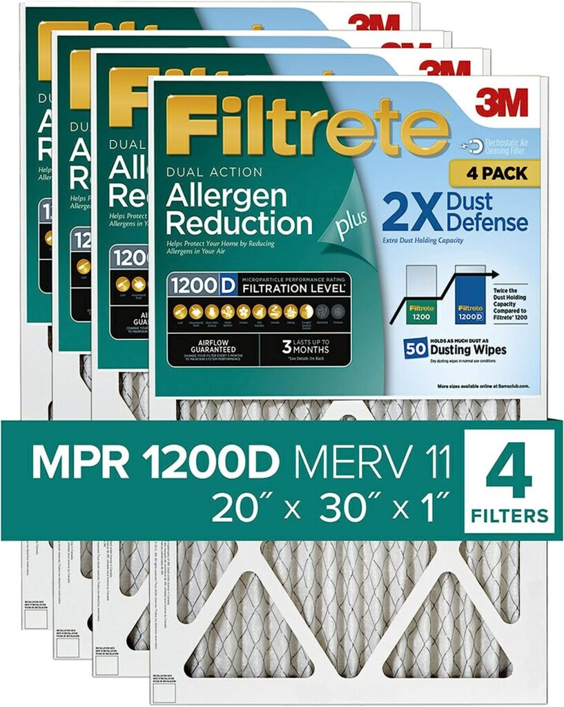 Filtrete 20x30x1 Air Filter MPR 1200D MERV 11, Allergen Reduction Plus Dust, 4-Pack Filters (exact dimensions 19.81x29.81x0.81 )