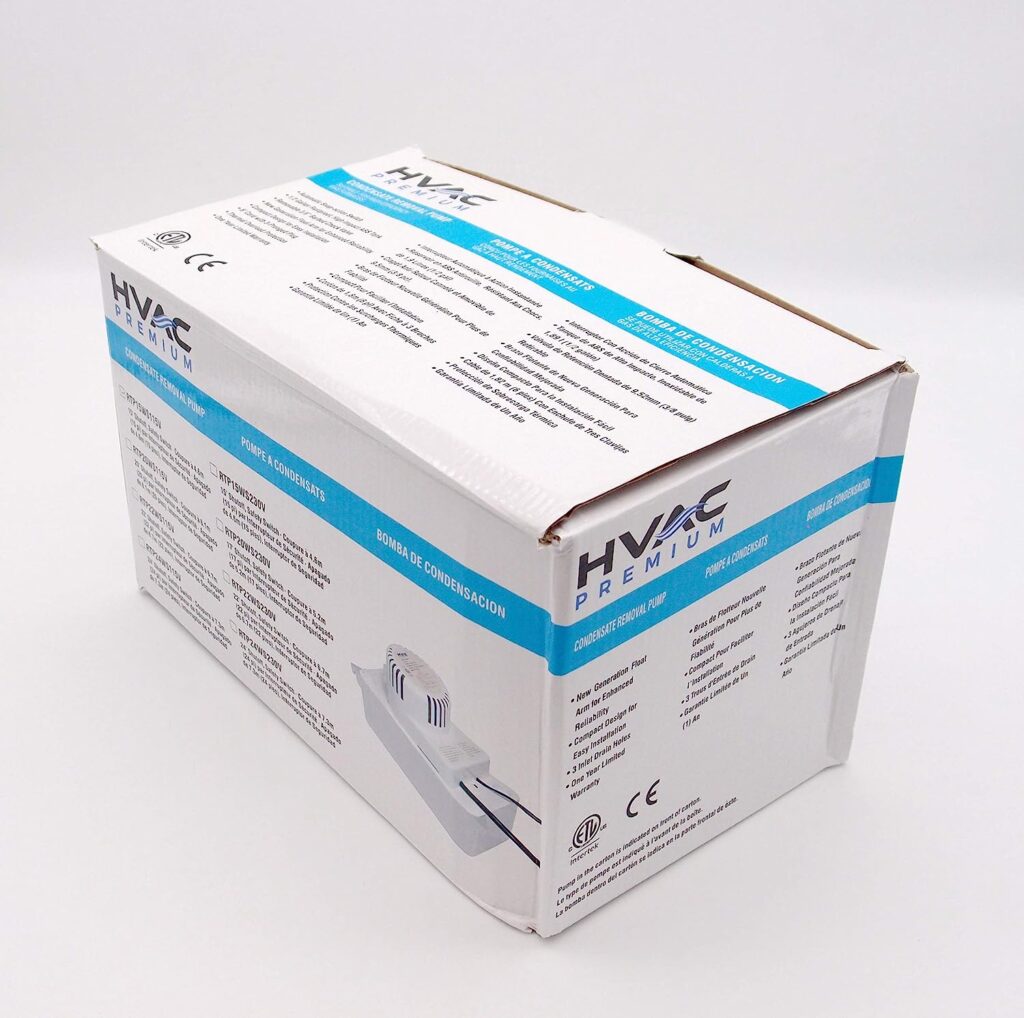 HVAC Premium Condensate Removal Pump â Tank Pump 2.2L RTP15WS115V with 3/8 x 15 Pipe All in White â Automatic Safety Switch Sensor - 115V/60HZ