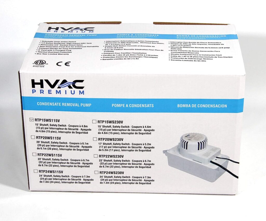 HVAC Premium Condensate Removal Pump â Tank Pump 2.2L RTP15WS115V with 3/8 x 15 Pipe All in White â Automatic Safety Switch Sensor - 115V/60HZ