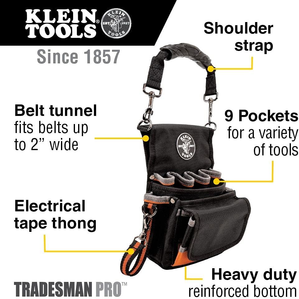 Klein Tools 5240 Tool Pouch, Tradesman Pro Maintenance Tool Pouch with 9 Pockets, Tape Thong, 2-Inch Tunnel Loop, Great Electrician Holster