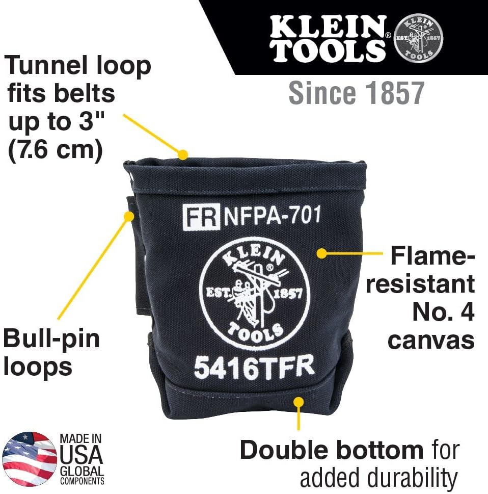 Klein Tools 5416TFR Tool Bag, Flame Resistant Canvas Bag for Bolt Storage with Double Reinforced Bottom and Tunnel Connect, 5 x 10 x 9-Inch
