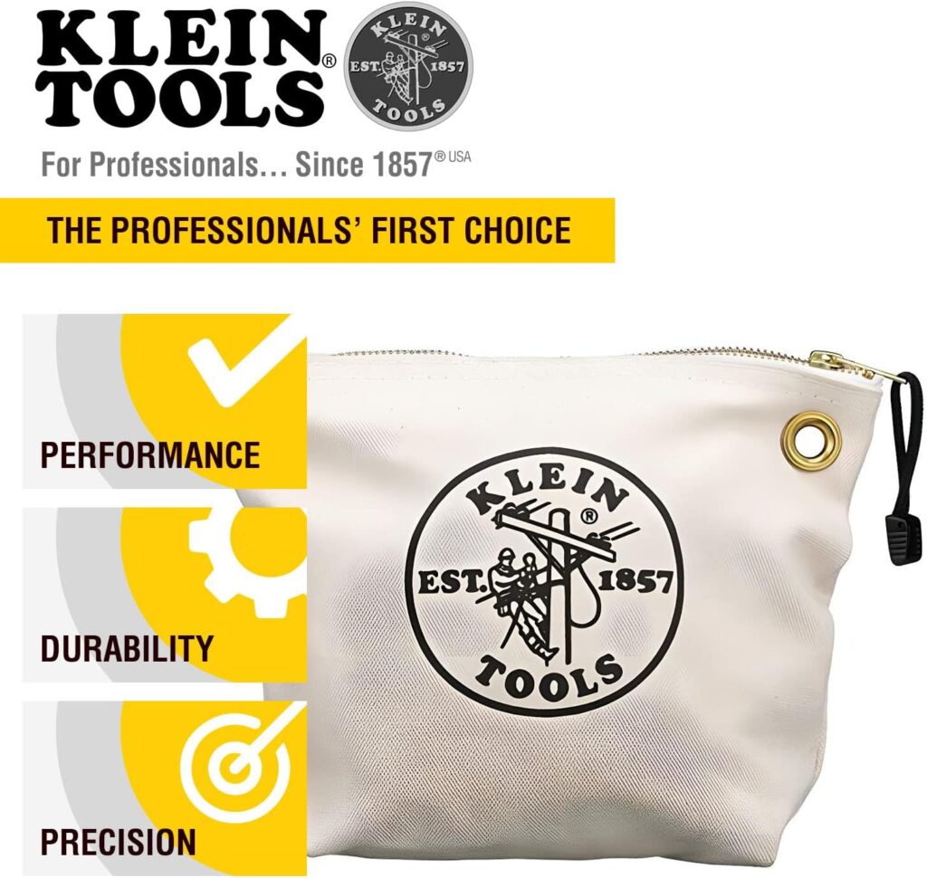 Klein Tools 5539NAT Zipper Bag, Canvas Tool Pouch is 10-Inch Consumables Bag for Storing Parts, Brass Grommet for Easy Hanging, Natural