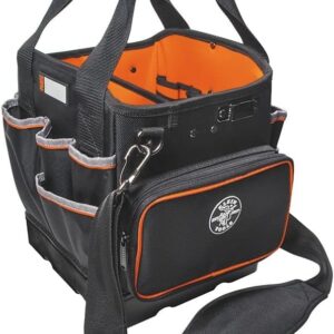 klein tools 5541610 14 tool bag with shoulder strap has 40 pockets for tool storage and orange interior