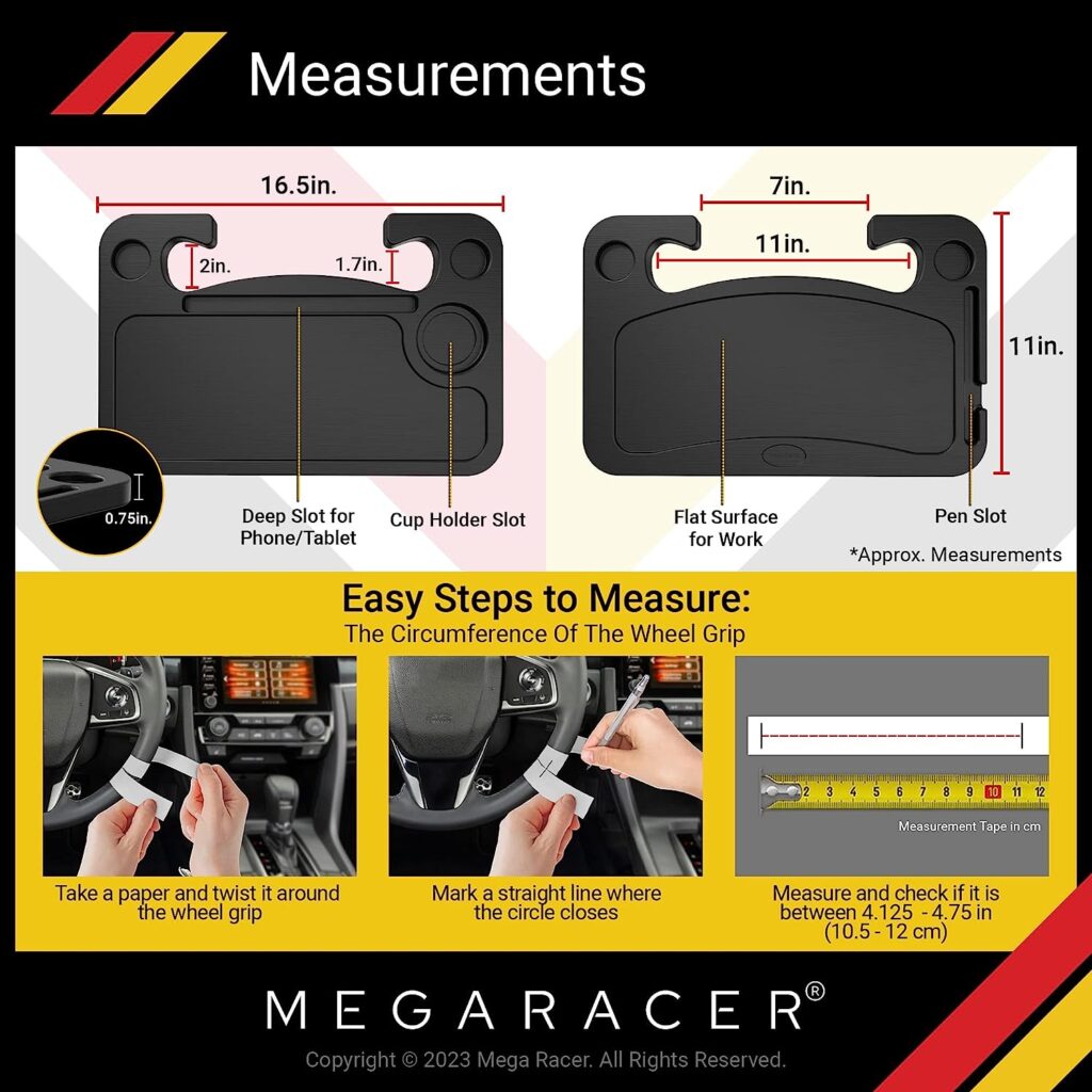 Mega Racer Steering Wheel Car Tray Table - Travel, Meal or Workstation, for Car, Truck, SUV, Van - Automotive Accessories, Car Essentials, Universal Fit, 1 Piece
