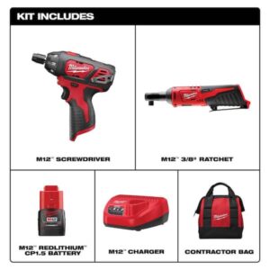 milwaukee m12 12 volt lithium ion cordless 38 in ratchet and screwdriver combo kit 2 tool with battery charger tool bag