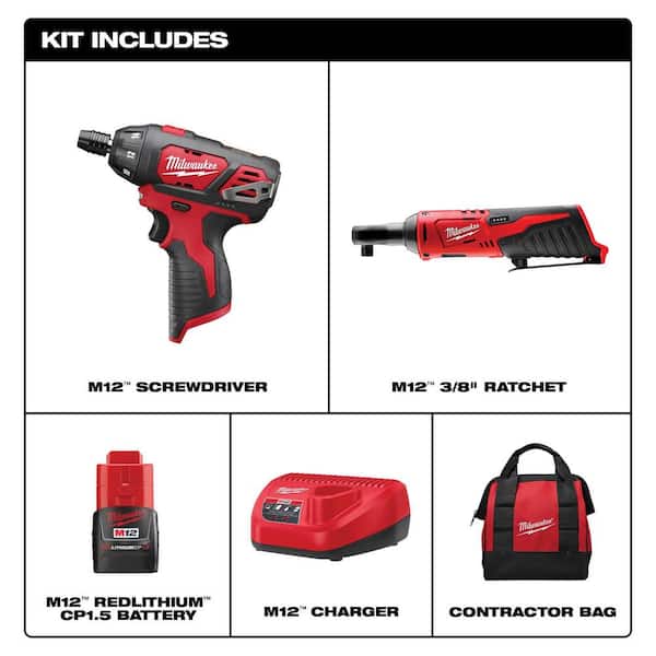 Milwaukee M12 12-Volt Lithium-Ion Cordless 3/8 in. Ratchet and Screwdriver Combo Kit (2-Tool) with Battery, Charger, Tool Bag