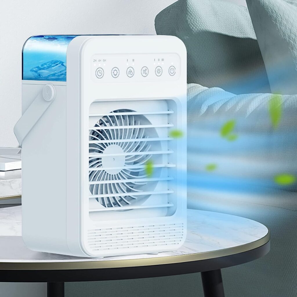 Personal Air Cooler, Evaporative Portable Personal AC, Small AC with 7 Colors LED Light, 3 Speeds, 2 Refrigeration, 2/4/6H Timer, 2 Spray Modes and 600ml Large Tank for Bedroom, Office, Home, Indoors
