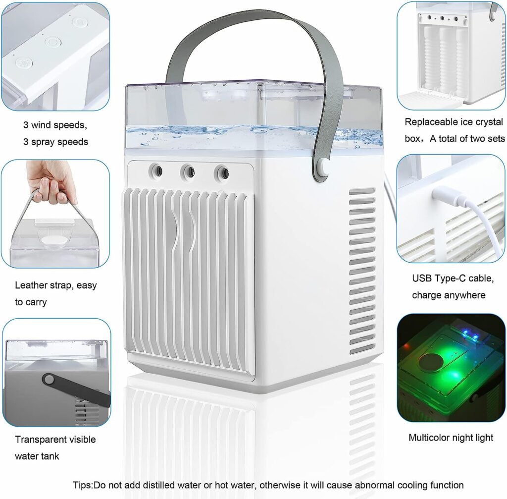 Portable Air Conditioner Fan Personal Air Conditioner Mini Evaporative Personal Air Cooler with 3 Speeds 2000mAh Battery PoweredUSB Rechargeable Portable Evaporative Cooler for Bedroom Office Outdoor