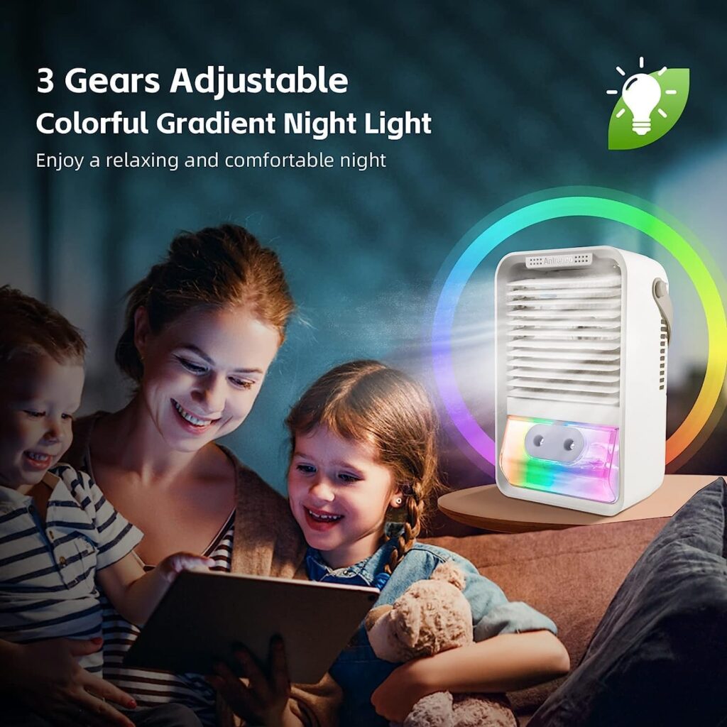 Portable Air Conditioner for Personal with 3 Wind Speeds,Mini Evaporative Air Cooler Fan,USB Air Personal Conditioner with 7 Colour LED Lights,Small Air Conditioner for Bedroom,Office and Outdoors
