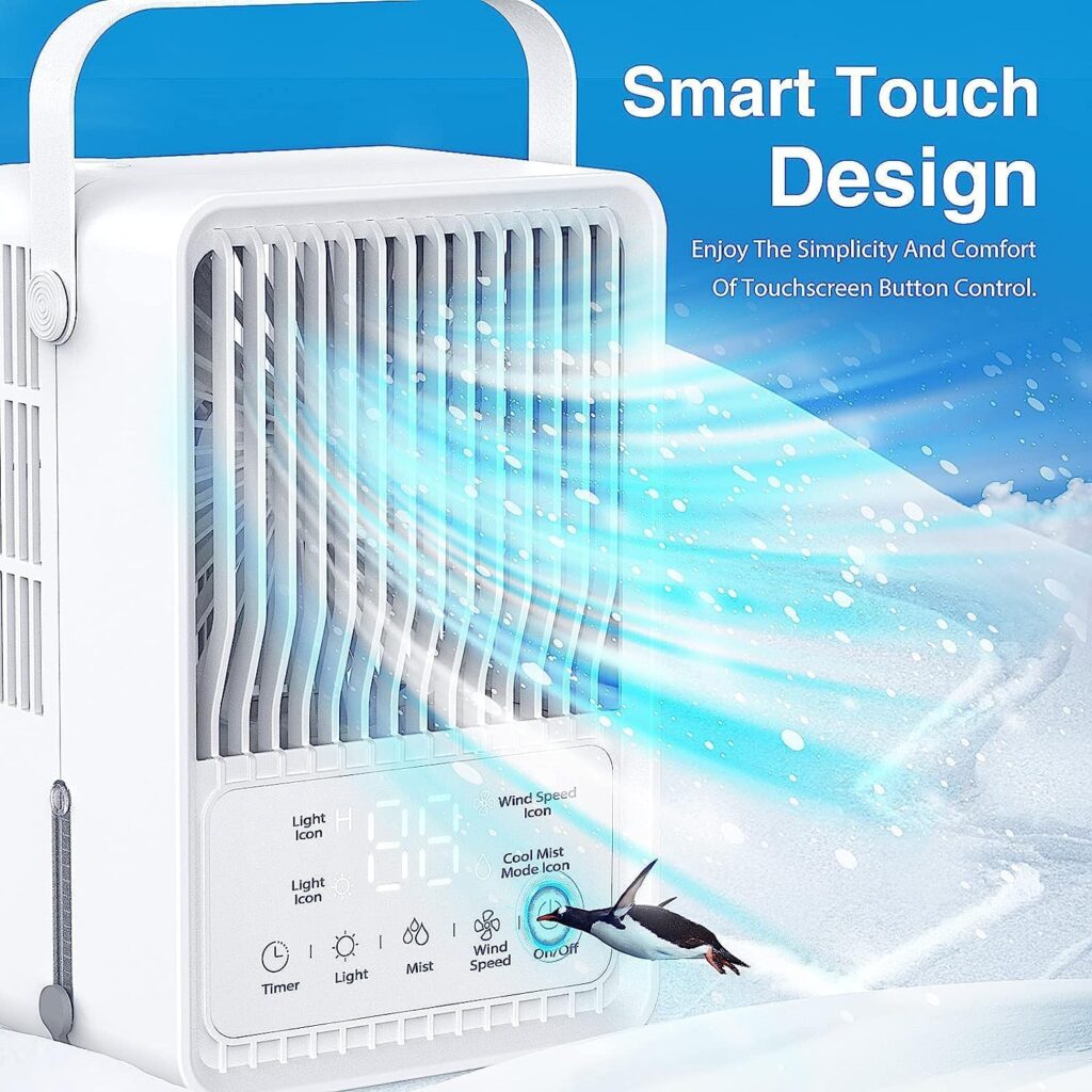 Portable Air Conditioners, 4-IN-1 Evaporative Personal Air Cooler Humidifier with 3 Speeds 7 Colors Light, 1-8H Timing Mini Personal Air Conditioner Fan, USB Quiet Air Cooler for Room Office Desk