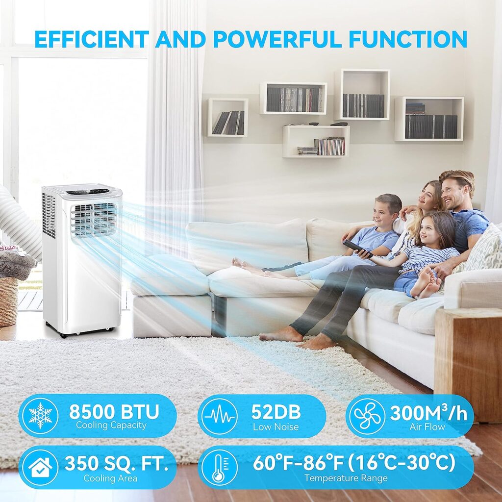 Portable Air Conditioners, 8500 BTU Portable AC Uint with Dehumidifier  Fan Mode for Room up to 350 Sq.Ft, 3-in-1 Room Air Conditioner with Remote, 24Hrs Timer, Installation Kit for Home Office
