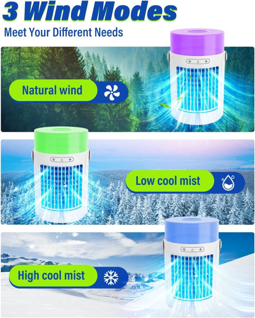 Portable Air Conditioners Fan, Evaporative Air Cooler with 7 Colors Light, 3 Wind Speeds Portable Cooling Fan, Small Personal Air Conditioner for Bedroom, Office, Camping
