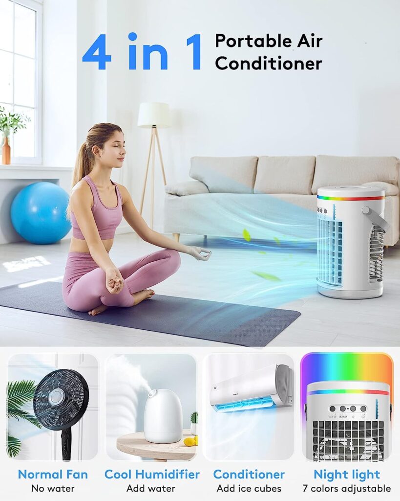 Portable Air Conditioners Fan,Wavego 1400ml Evaporative mini air conditioner with 7 Colors Light,3 Speeds Personal Air Conditioner,Personal Air Cooler with Humidifier for Room Bedroom Office
