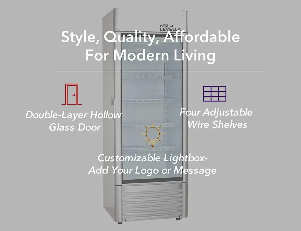 PremiumLevella PRF90DX Single Glass Door Merchandiser Refrigerator -Beverage Display Cooler-9.0 cu ft-Silver