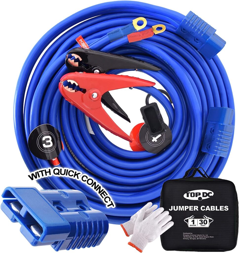 TOPDC 1 Gauge 30 Feet Jumper Cables with UL-Listed Clamps, Quick Connect Plug for Car, SUV Trucks Battery, Heavy Duty Automotive Booster Cables for Jump Starting Dead, Weak Batteries with Carry Bag