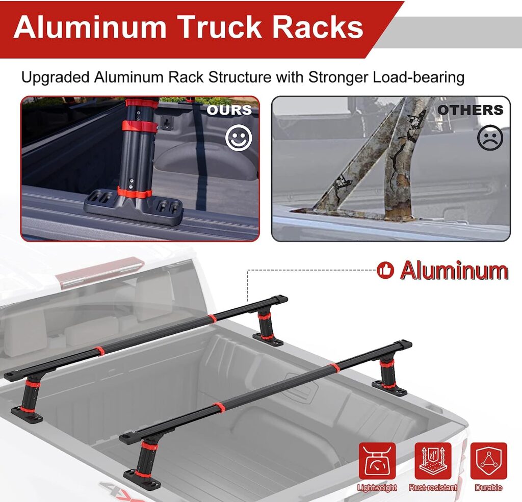 VMBQRTI Truck Ladder Rack, Aluminum Ladder Rack for Pick Up Truck with 1100lbs Capacity, Adjustable Universal Low Profile Truck Bed Ladder Rack for Kayaks Bike Rack Rooftop Tent