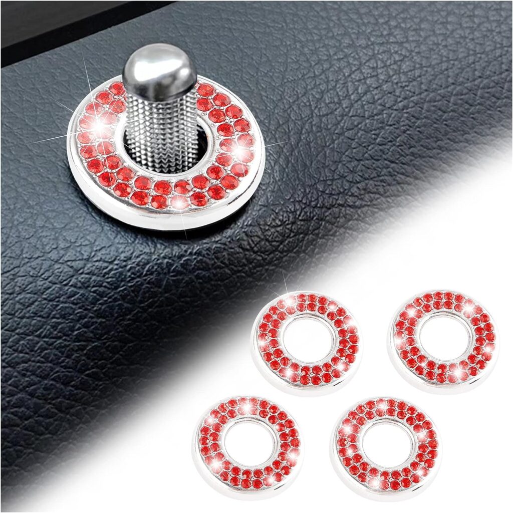 4PCS Crystal Door Lock Cover Stickers Decoration Ring,Bling Car Interior Accessories for Women,Rhinestones Pull Rod Bolt Decorations,Suitable for Most Cars, Trucks (Red-4pcs)