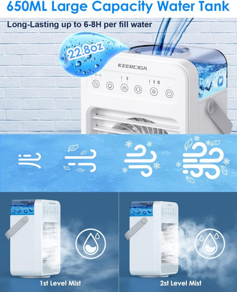 5 IN 1 Portable Air Conditioners, 90°Rotation Portable Ac Air Conditioner Fan with 4 Speeds  2 Cool Mist, 7 Colors LED Light, 2-6H Timer, USB Quiet Air Conditioner Portable for Room Office Camping