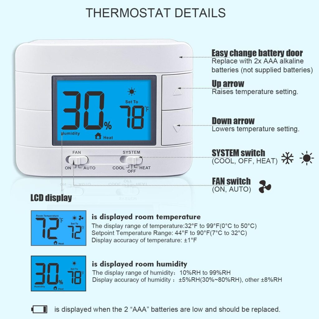 Aowel Non-Programmable Thermostats for Home, up to 1 Heat/ 1 Cool, DIY Install, C-Wire Not Required