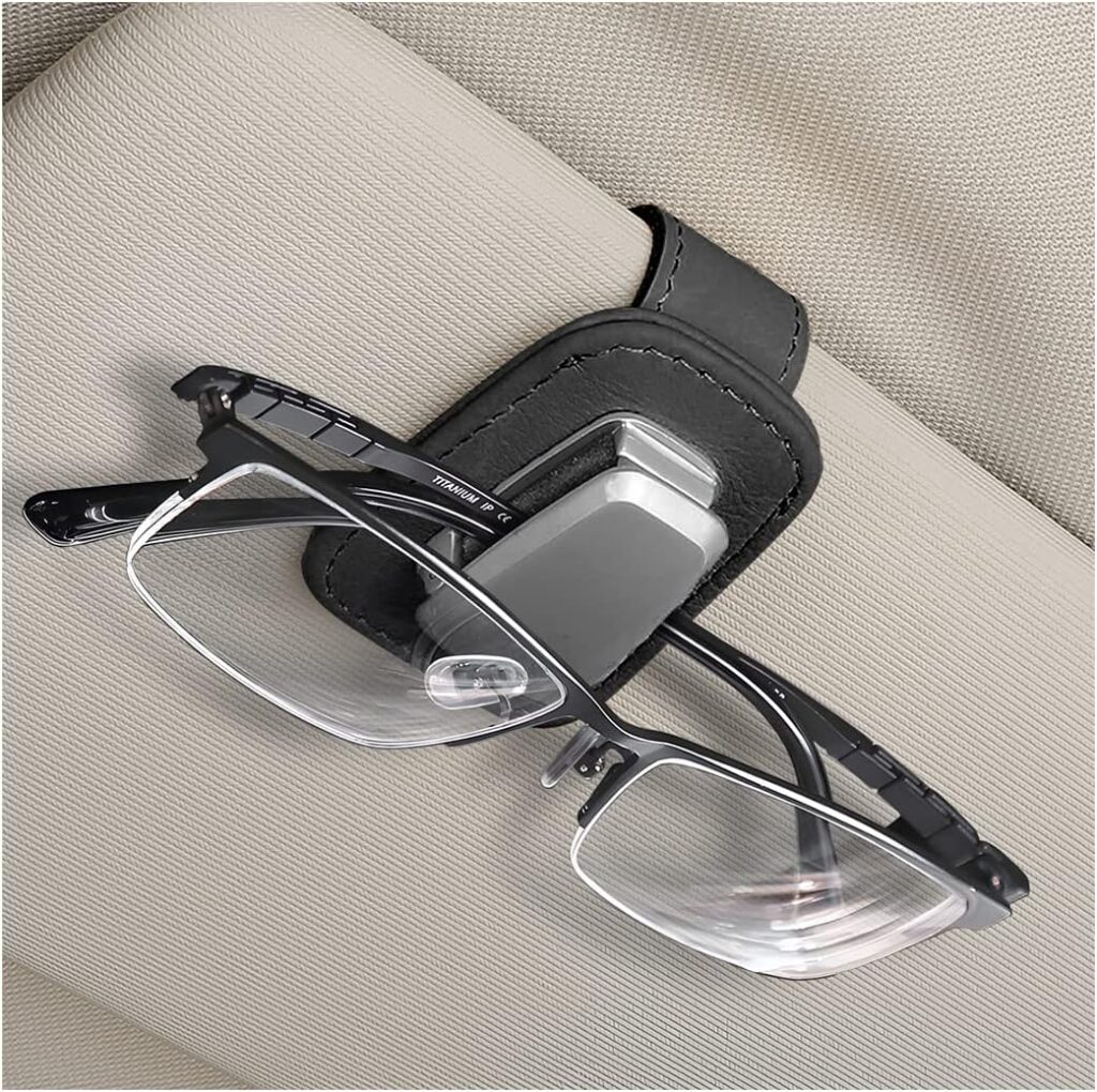 AUCELI Sunglasses Holders for Car Sun Visor, Eyeglasses Hanger Mounted with Ticket Card Clip, Magnetic Leather Glasses Holder, Auto Interior Accessories Universal for SUV Pickup Truck