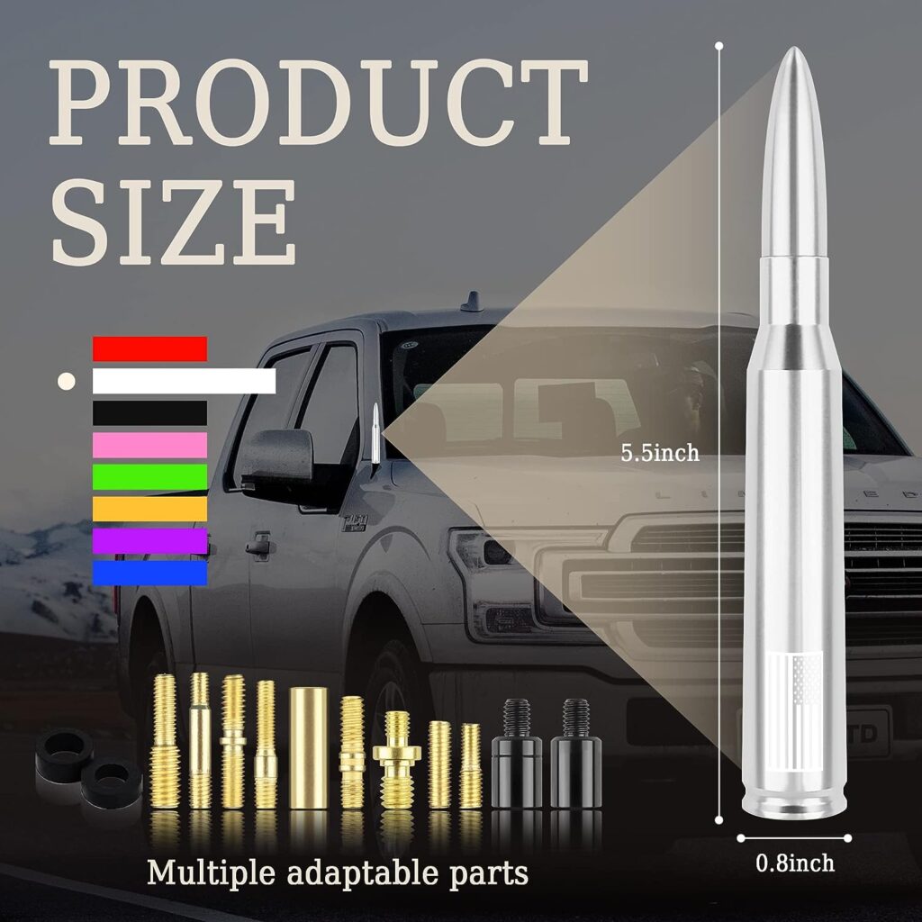 Car Bullet Antenna,Truck Exterior Decoration Accessories Car Vehicle Replacement Antenna Conpatible with Ford F150 RAM 1500 GMC Heavy Duty Pickup Trucks Accessories (New Upgrade Silver-U.S. Flag)