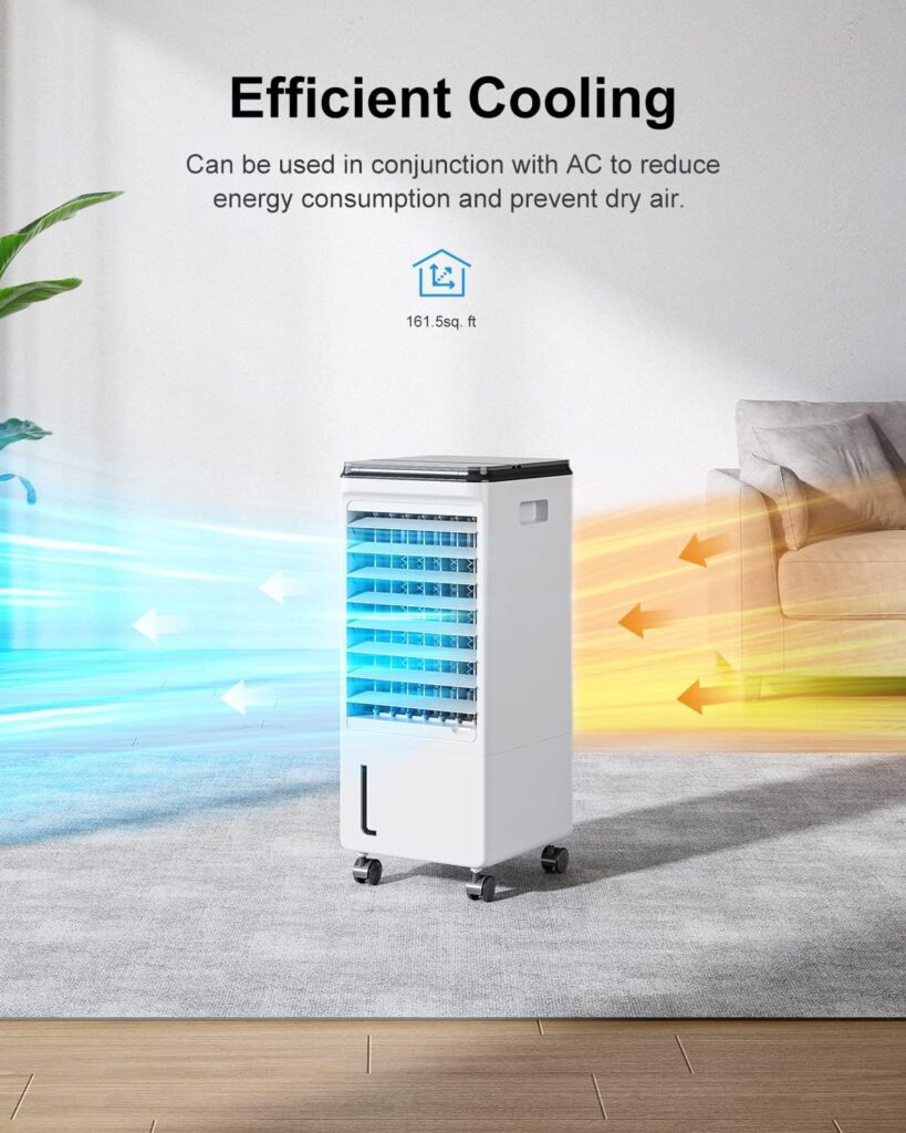 Cozzyben Air Conditioner Portable for Room, 3-IN-1 Evaporative Air Cooler, Windowless Ac Fan for Bedroom Indoor 1.85 Gal Water Tank, 3 Speeds, 80°Oscillation, Remote Control, 1-7H Timer  4 Ice Pack