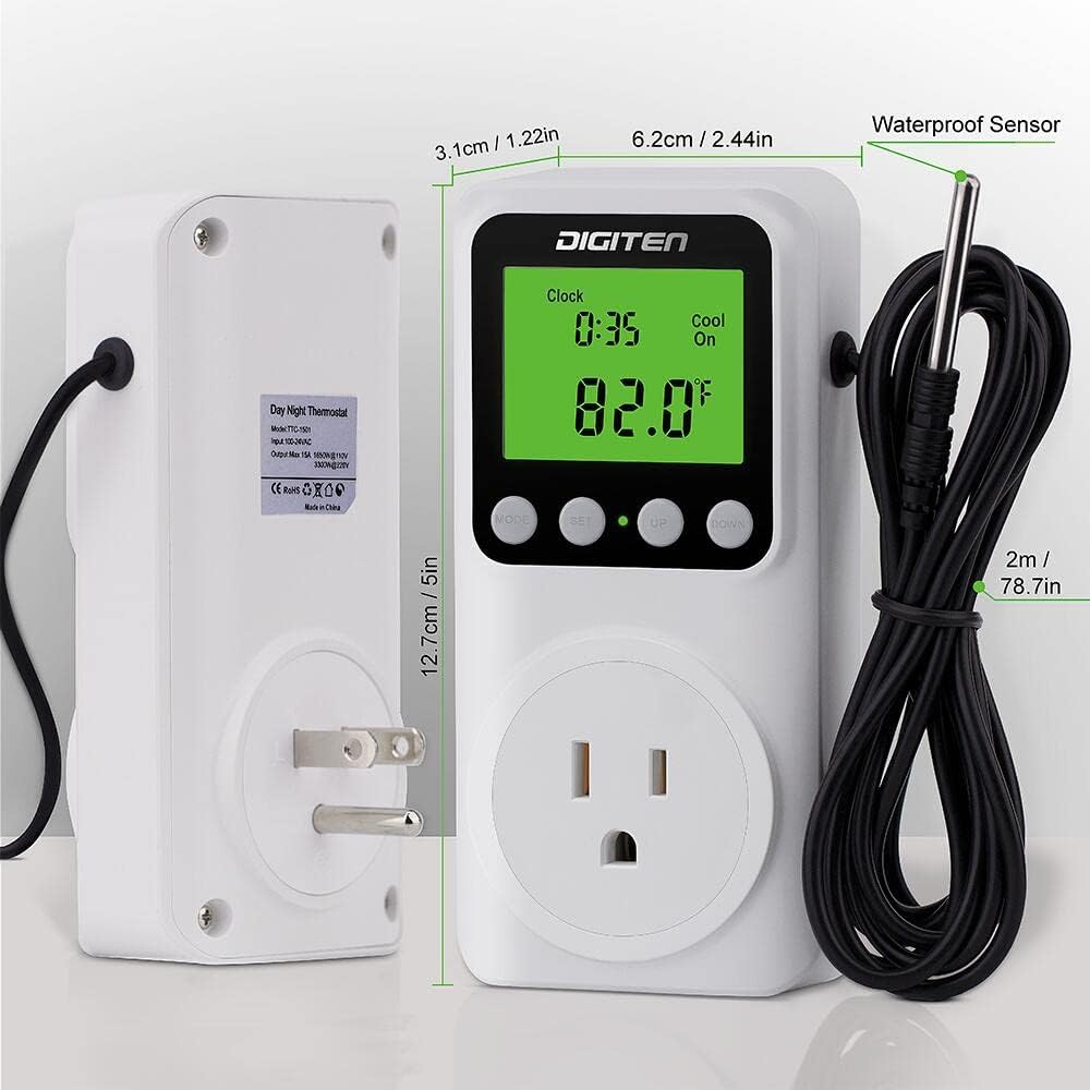 DIGITEN Temperature Controller Day/Night Temperature Controlled Outlet Reptile Thermostat Timer Greenhouse Thermostat with Timer Heat Mat Thermostat Outlet Heating Cooling Temp Control for Homebrewing