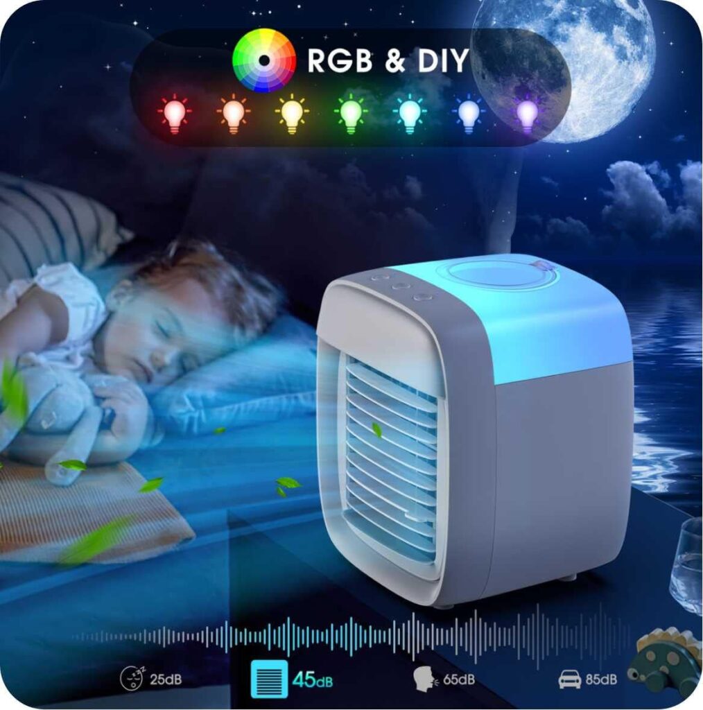 DOWILLDO Portable Air Conditioners for Personal Use with 880ML Water Tank, 3 Speeds Mini Evaporative Air Cooler with 7 Colors Night Light for Small Room, Kitchen, Home and Office-White