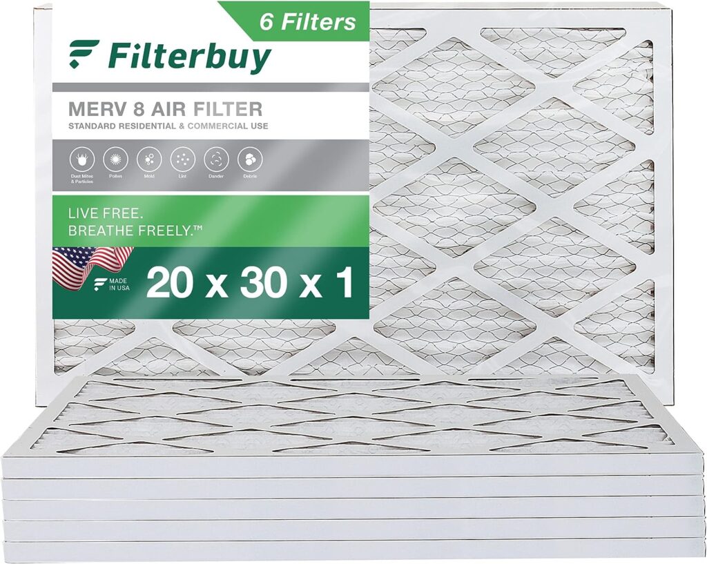 Filterbuy 20x30x1 Air Filter MERV 8 Dust Defense (6-Pack), Pleated HVAC AC Furnace Air Filters Replacement (Actual Size: 19.50 x 29.50 x 0.75 Inches)