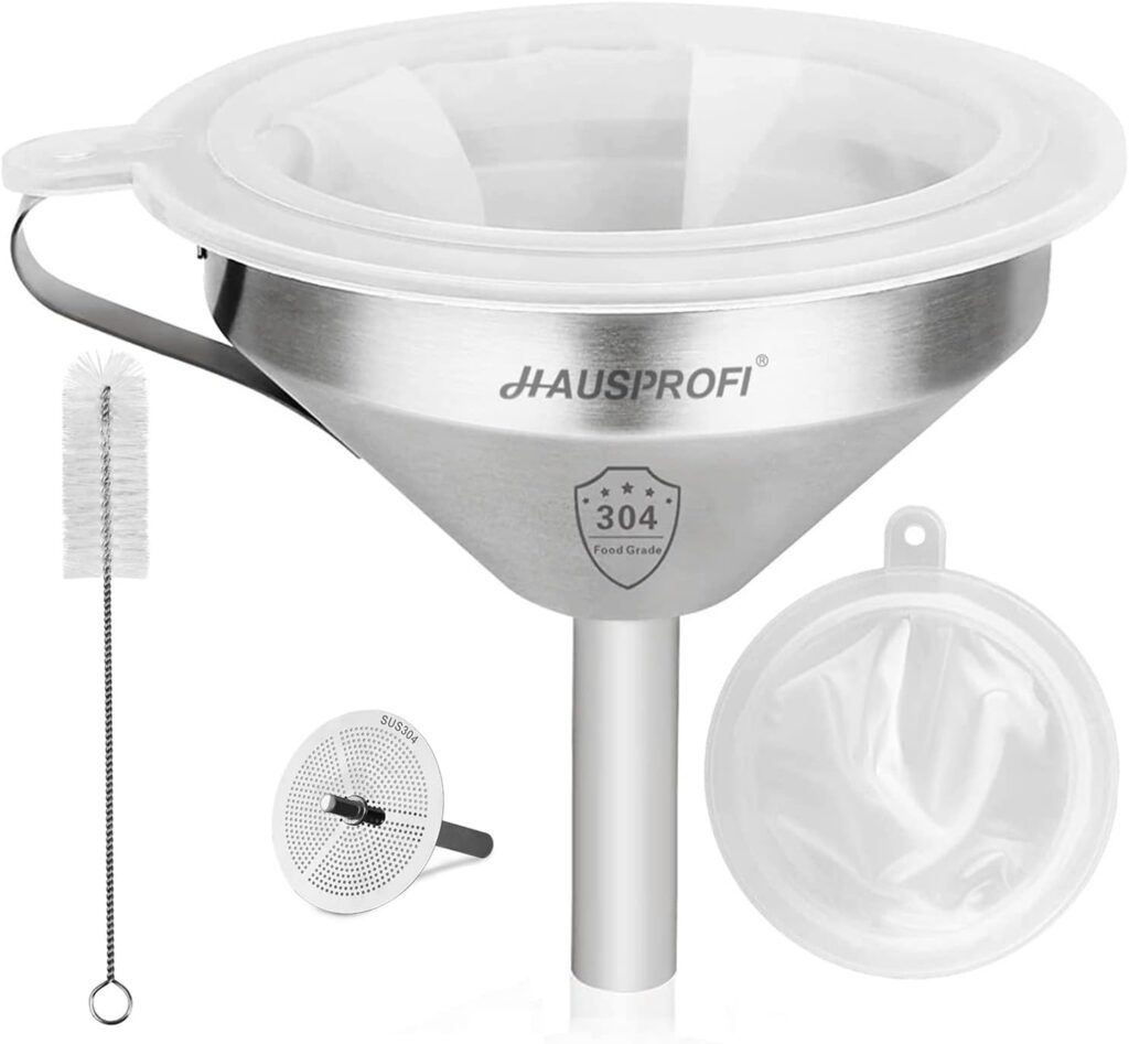 HAUSPROFI Stainless Steel Funnel, 5.1 inch 304 Stainless Steel Kitchen Funnel with 200 Mesh Food Filter Strainer for Transferring Liquids, Oil, Making Jam