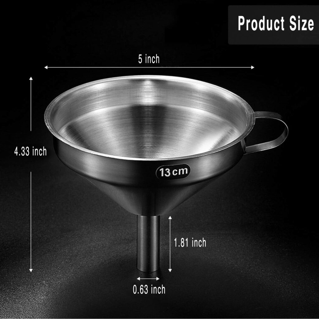 Kitchen Funnel for Filling Bottles, Kitchen Gadgets Cooking Oil Funnel with Strainer and 200 Mesh Filter, Tea Grease Juice Food Strainer, 18/8 Stainless Steel Funnel (5 inch Mouth, 0.63 inch Stem)