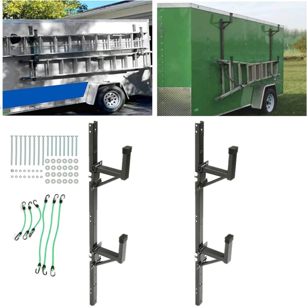 Kojem Adjustable Trailer Ladder Rack Universal Side Mount Trailer Ladder Rack Adjustable Compatible with Enclosed Trailer Exterior Side Wall (Carry 2 Ladders)