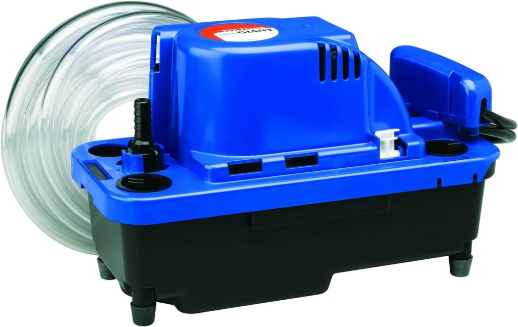Little Giant VCMX-20ULST 115 Volt, 1/30 HP, 84 GPH Automatic Condensate Removal Pump, 6-Ft. Power Cord, Safety Switch, 20-ft. 3/8-inch Tubing, Blue, 554550