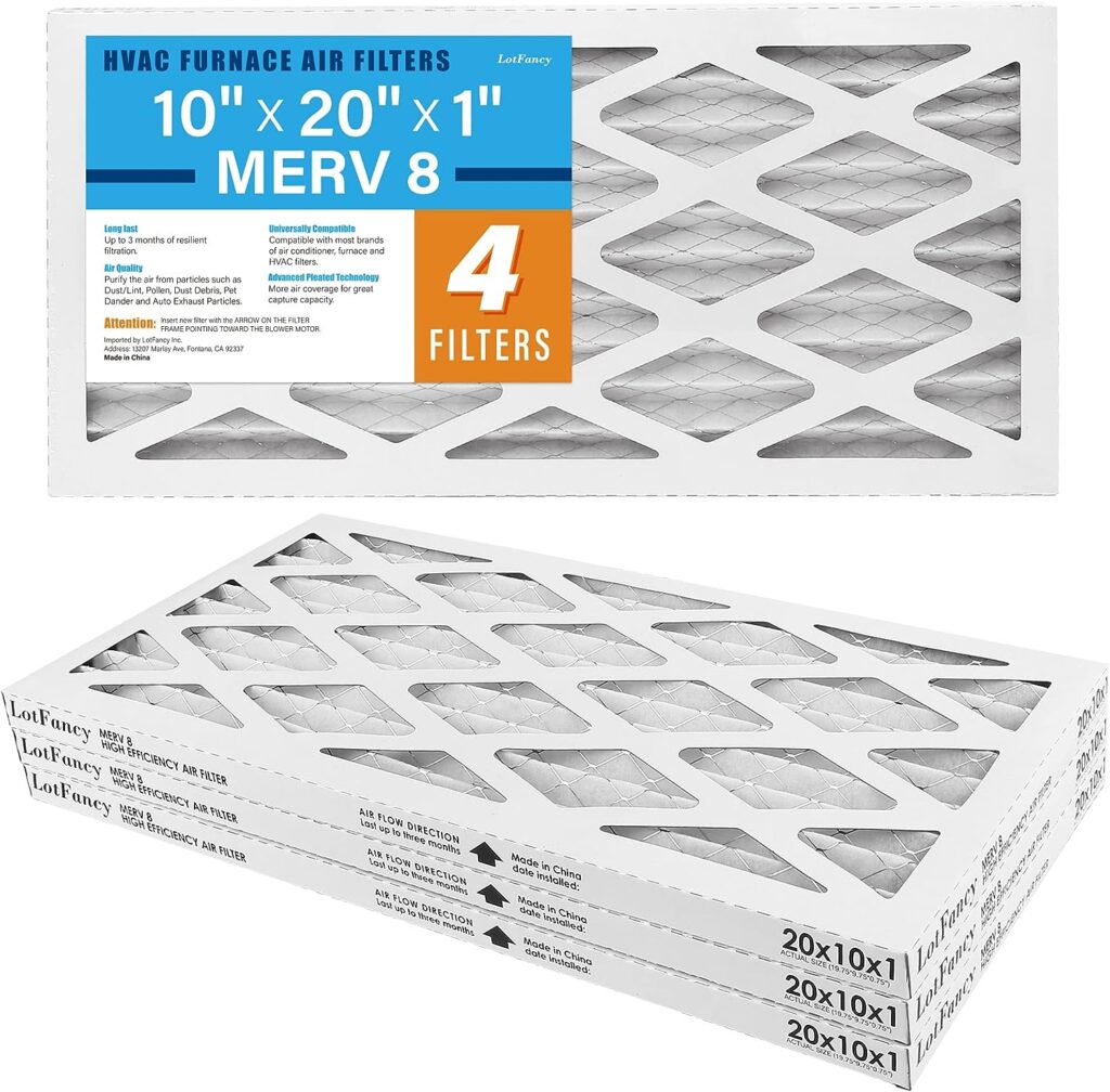 LotFancy 10x20x1 Air Filters, 4 Pack, MERV 8 Pleated AC Furnace Filters, MPR 600, Air Conditioner HVAC Filter
