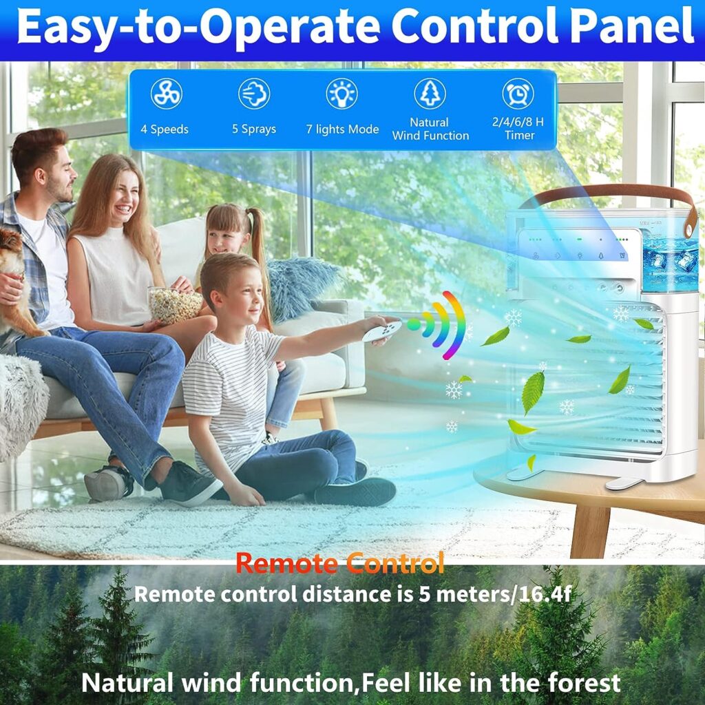 Portable Air Conditioner - Upgraded Portable AC Personal Quiet Air Cooler with Remote Control,Desktop Misting Fan with Natural Wind Function,2/4/6/8H Timer,4 Speeds for Office,Home,Room,Outdoor(White)