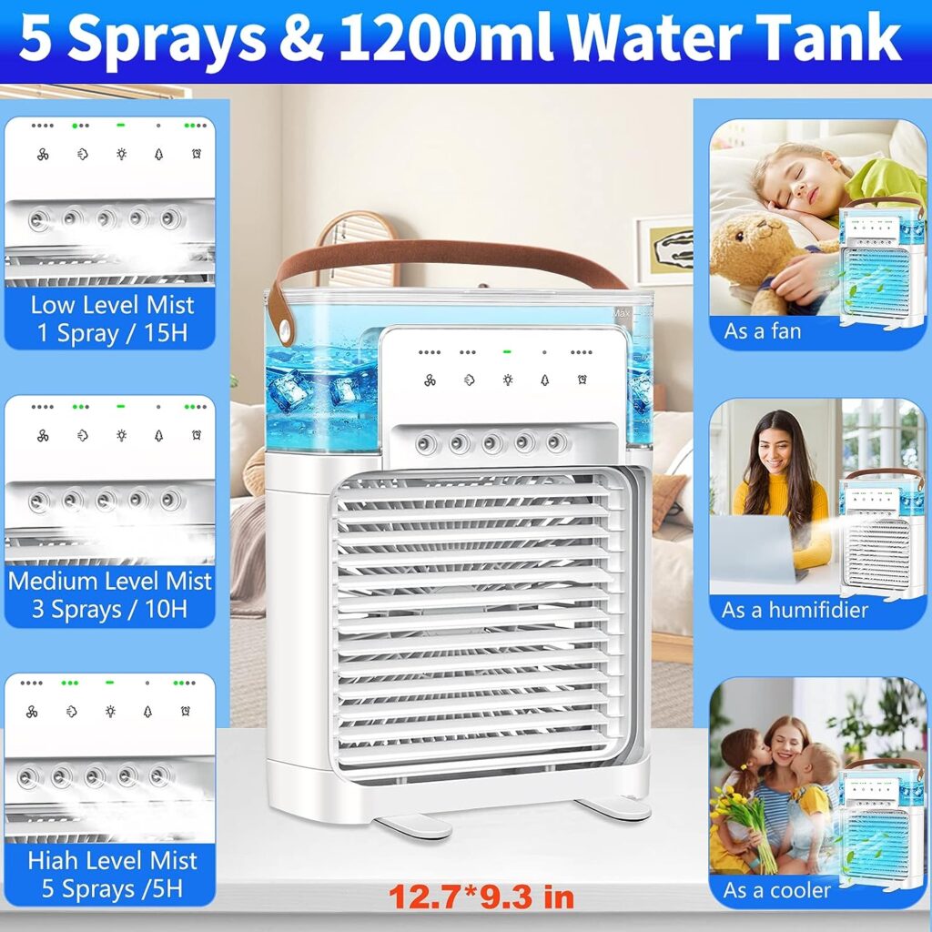 Portable Air Conditioner - Upgraded Portable AC Personal Quiet Air Cooler with Remote Control,Desktop Misting Fan with Natural Wind Function,2/4/6/8H Timer,4 Speeds for Office,Home,Room,Outdoor(White)