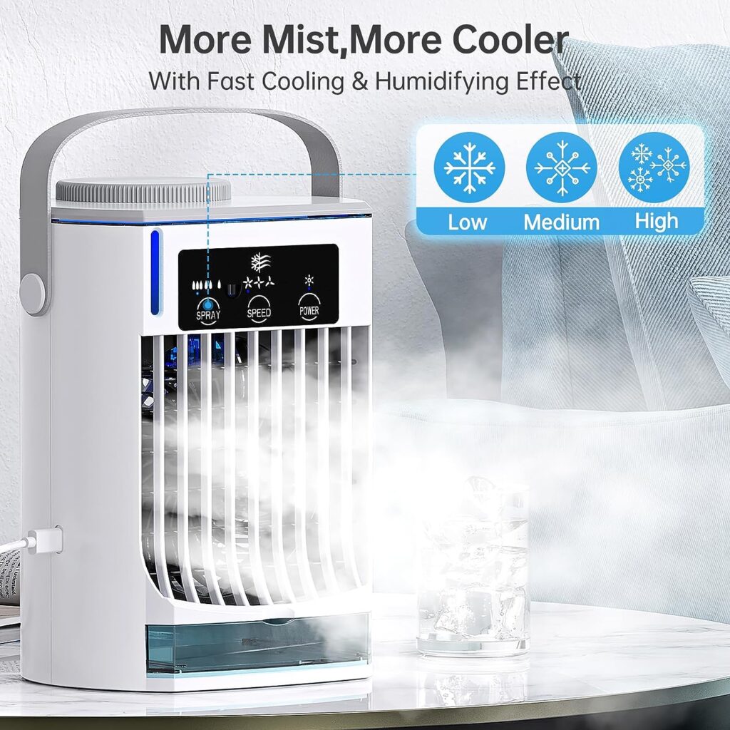 Portable Air Conditioners, Personal Air Conditioners, Evaporative Air Cooler, Mini Cooling Fan Desktop Mist Humidifier with 3 Speed for Room Office Car Outdoor Camping