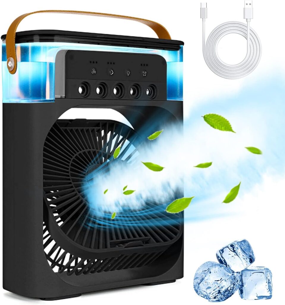 Portable Air Conditioners,Mini Evaporative Air Cooler,700ml Evaporative Air Cooler 3 Speeds,USB Personal Air Conditioner with 7 LED Light，1-3H Timer Portable AC Cooling Fan for car Home Office Room