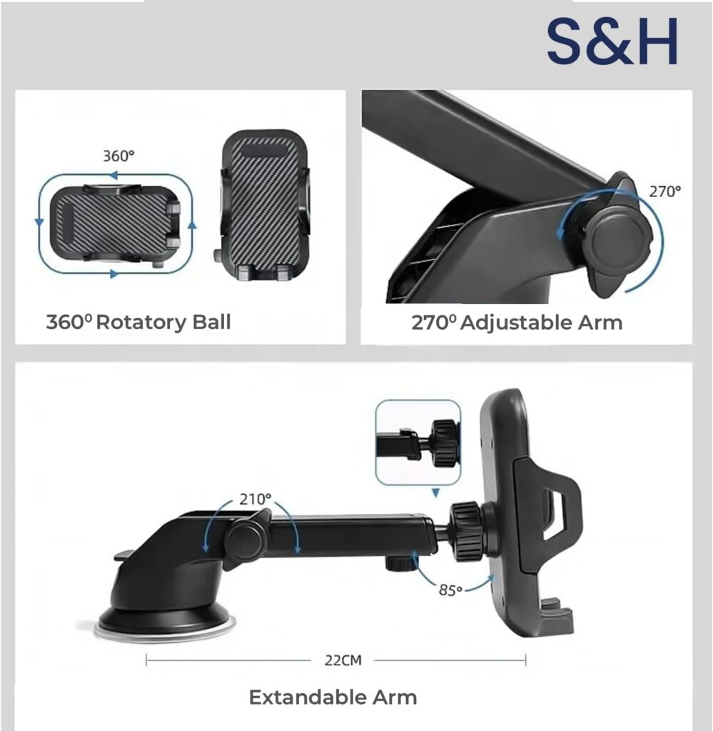 S AND H Universal Phone Mount for Car, [Powerful Suction] Hands-Free Cell Phone Holder Car,Compatible iPhone 13 12 11 Pro Max Xs XR X 8, Galaxy s20 Note 10 and Other
