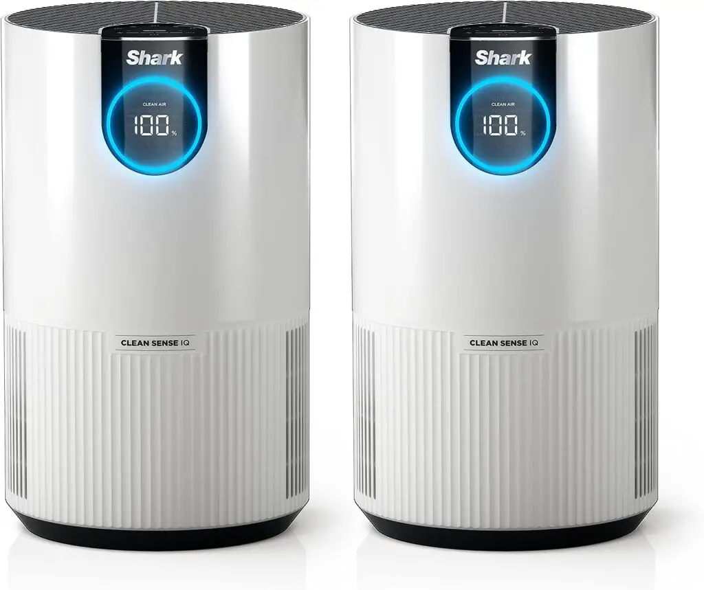 Shark HP102PK2 Clean Sense Air Purifier for Home, Allergies, 2 Pack, HEPA Filter, 500 Sq Ft Small Room, Bedroom, Office, Captures 99.98% of Particles, Dust, Smoke, Allergens, Portable, Desktop, White