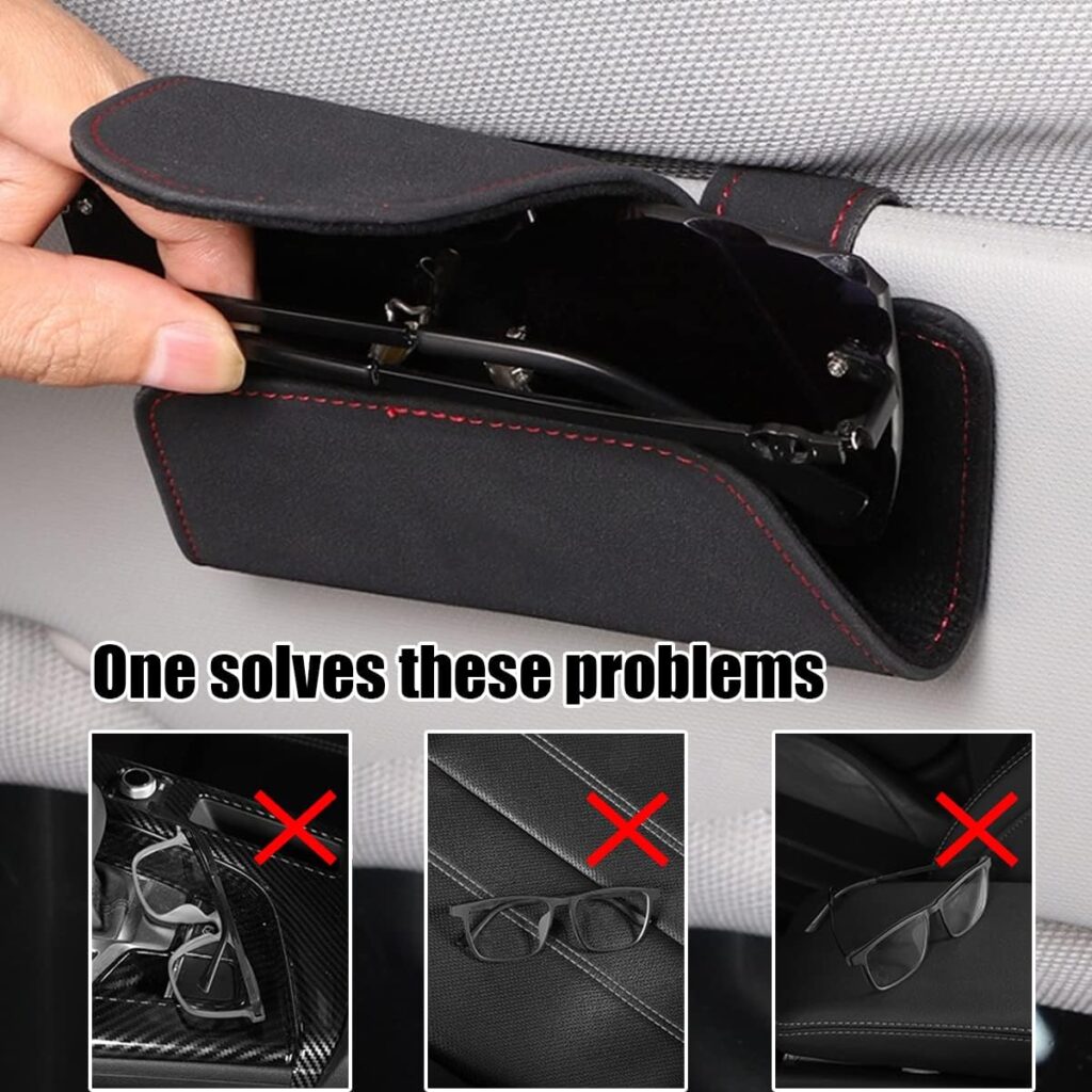 Sunglasses Holders for Car Sun Visor, Magnetic Eyeglass Holder for Car, Leather Eyeglasses Hanger and Ticket Card Clip Glasses Mount, Auto Interior Accessories Universal for SUV Truck Van (Black)
