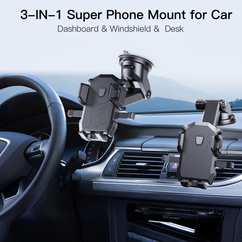 SUYRAKI Phone Mount for Car Dashboard  Windshield Hands Free, Cell Phone Holder with Super Suction Cup and Long Arm Compatible with iPhone Samsung  Other Cellphone