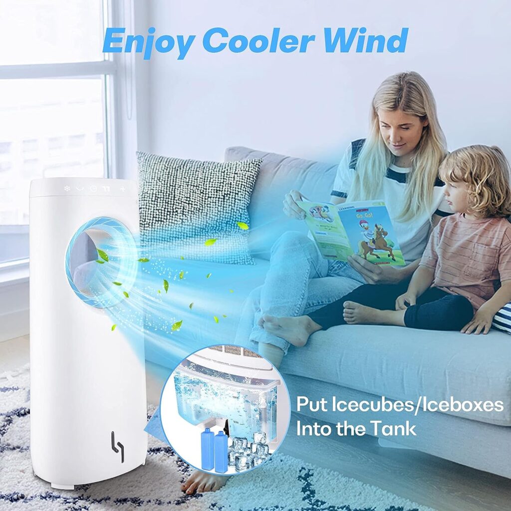 Trustech Evaporative Air Cooler, Portable Air Cooler, Cool  Humidifying with 3 Speeds, 12H Timer Evaporative Cooler, Bladeless Fan Ice Boxes Contained, Remote Control Tower Fan for Large Room Office